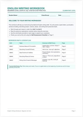 English writing workbook for beginners A1-A2