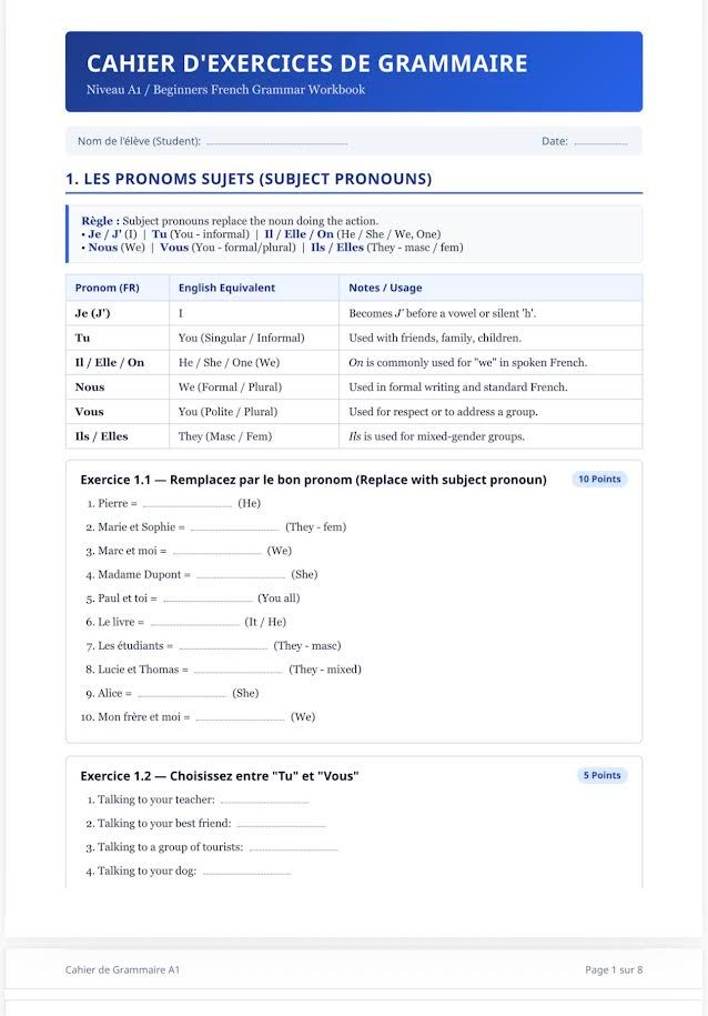 French grammar workbook for beginners A1 level