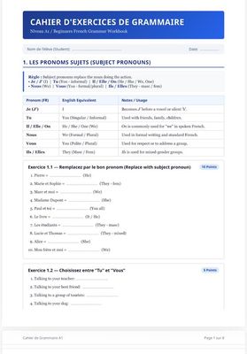 French grammar workbook for beginners A1 level