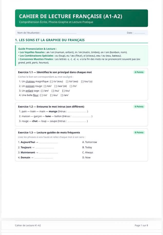 French reading workbook for beginners A1-A2