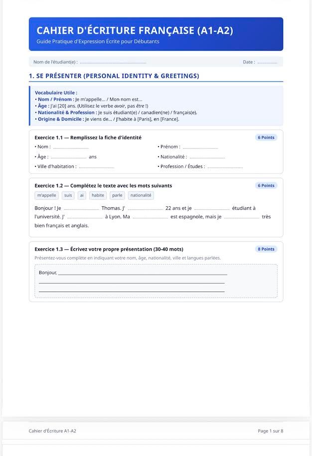 French writing workbook for beginners A1-A2