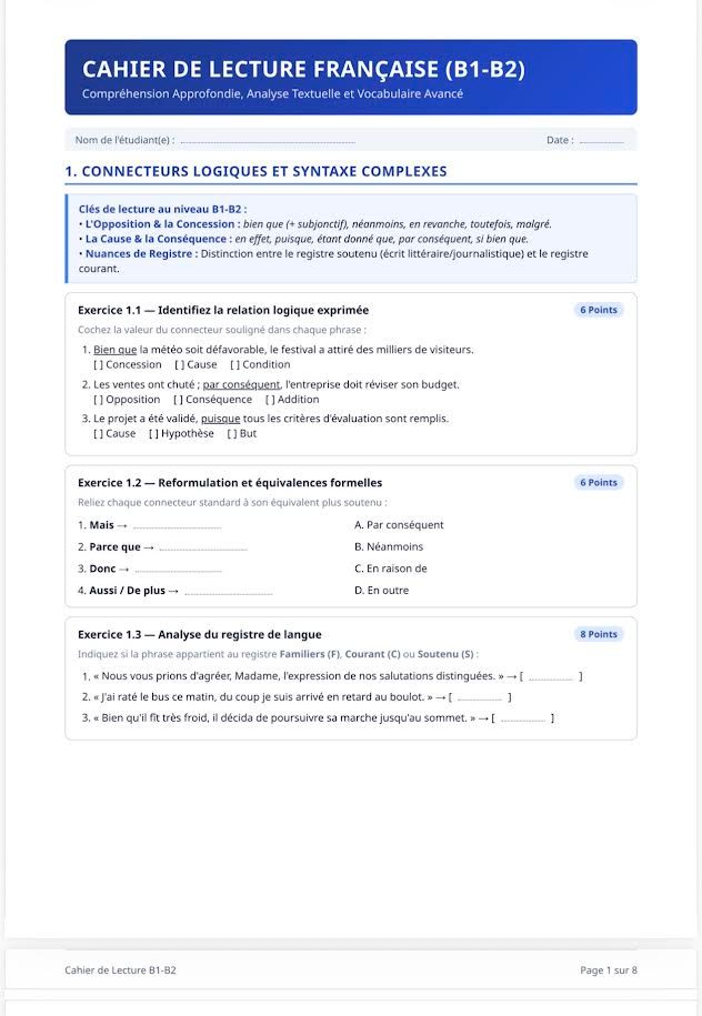 French reading workbook for levels B1-B2