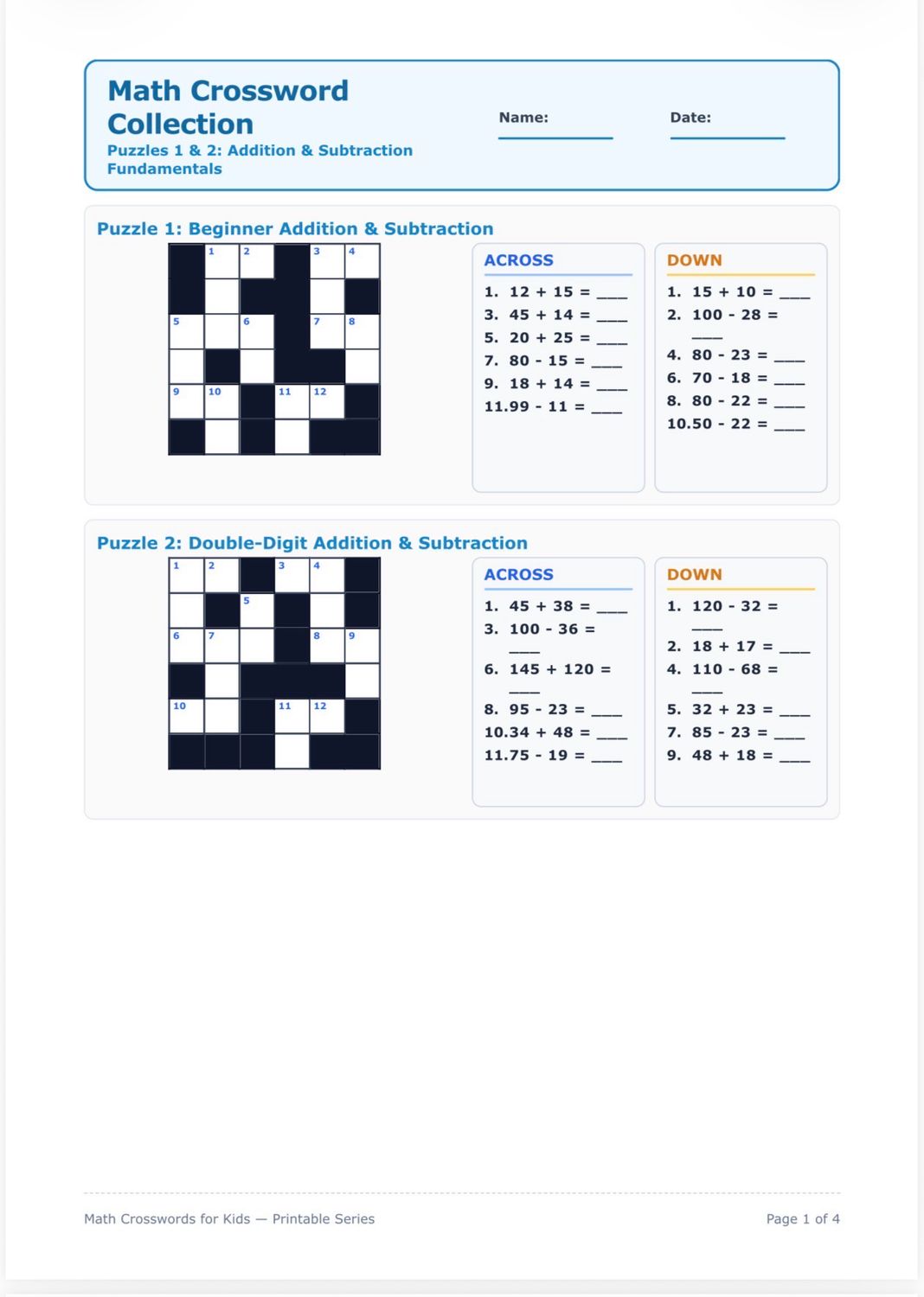Math Crossword Playbook For Kids