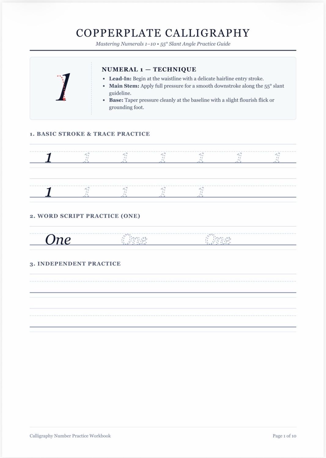 Calligraphy Numbers 1-10 Workbook For Kids
