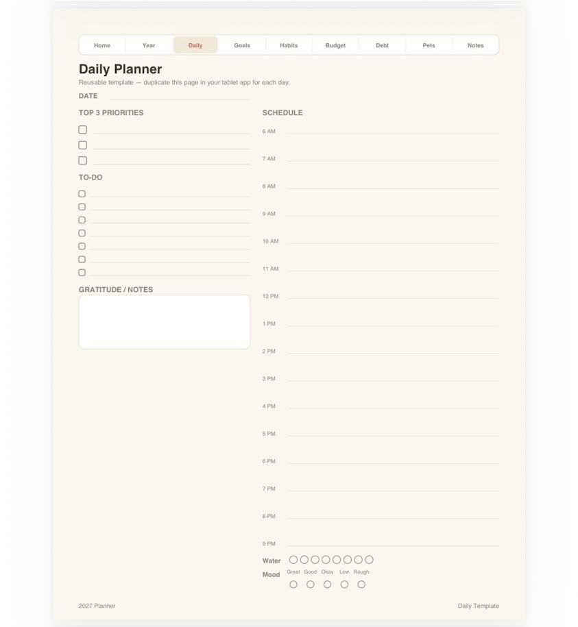 Daily planner for 2027 in PDF format