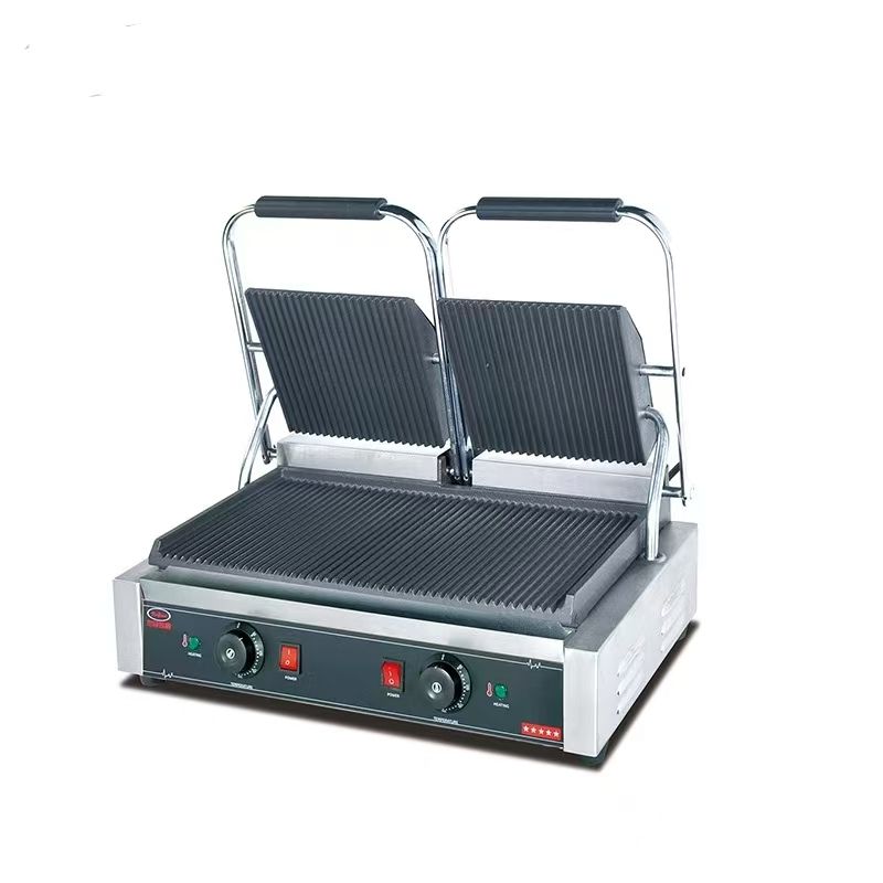 Electric Stainless Steel Double Panini Grill (Grooved) – Model EG-813 | CE Certified