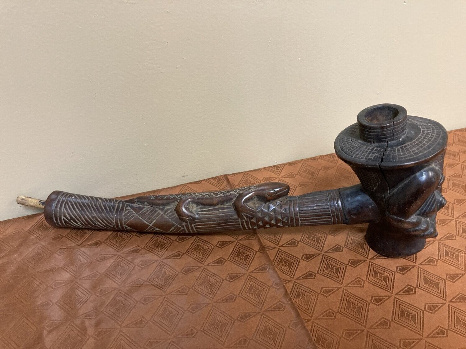 Kuba (bakuba): Wooden pipe, probably made by the Denguese who did much wood carvings as one of the 18 kuba tribes in the Democratic Republic of Congo. 16 1/4&quot; L x 5 1/4&quot; tall
