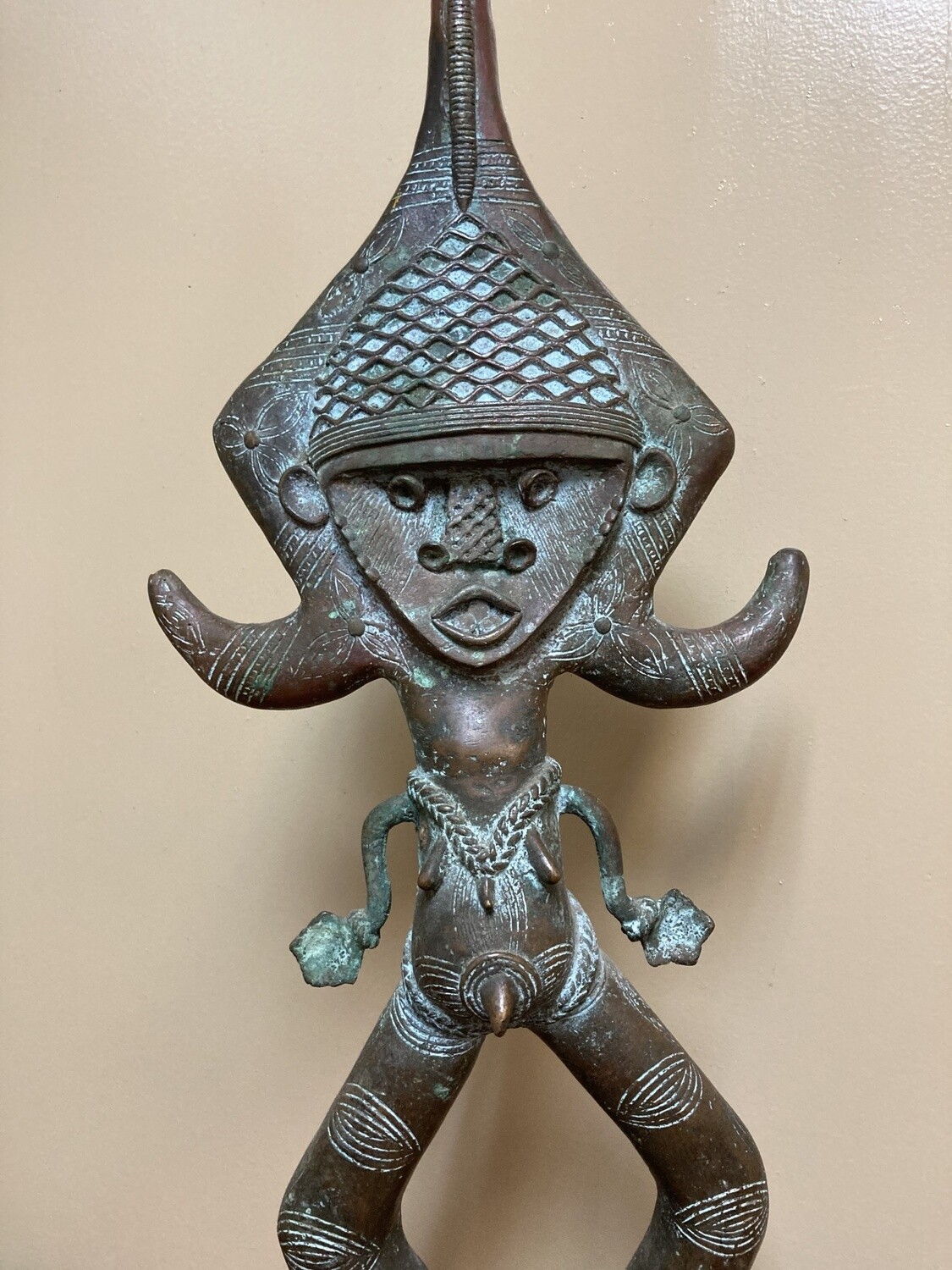 Kota (Bakota if pluralized) bronze figure is reminiscent of their reliquary guardians (Bwete). These folks live along Gabon&#39;s border with Rep of Congo. 27 1/4&quot; tall and 9 1/2&quot; w