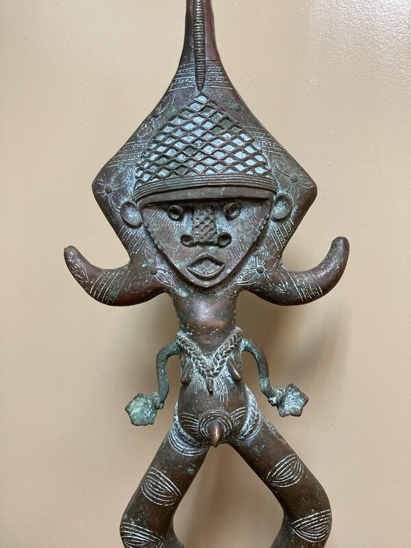 Kota (Bakota if pluralized) bronze figure is reminiscent of their reliquary guardians (Bwete). These folks live along Gabon&#39;s border with Rep of Congo. 27 1/4&quot; tall and 9 1/2&quot; w