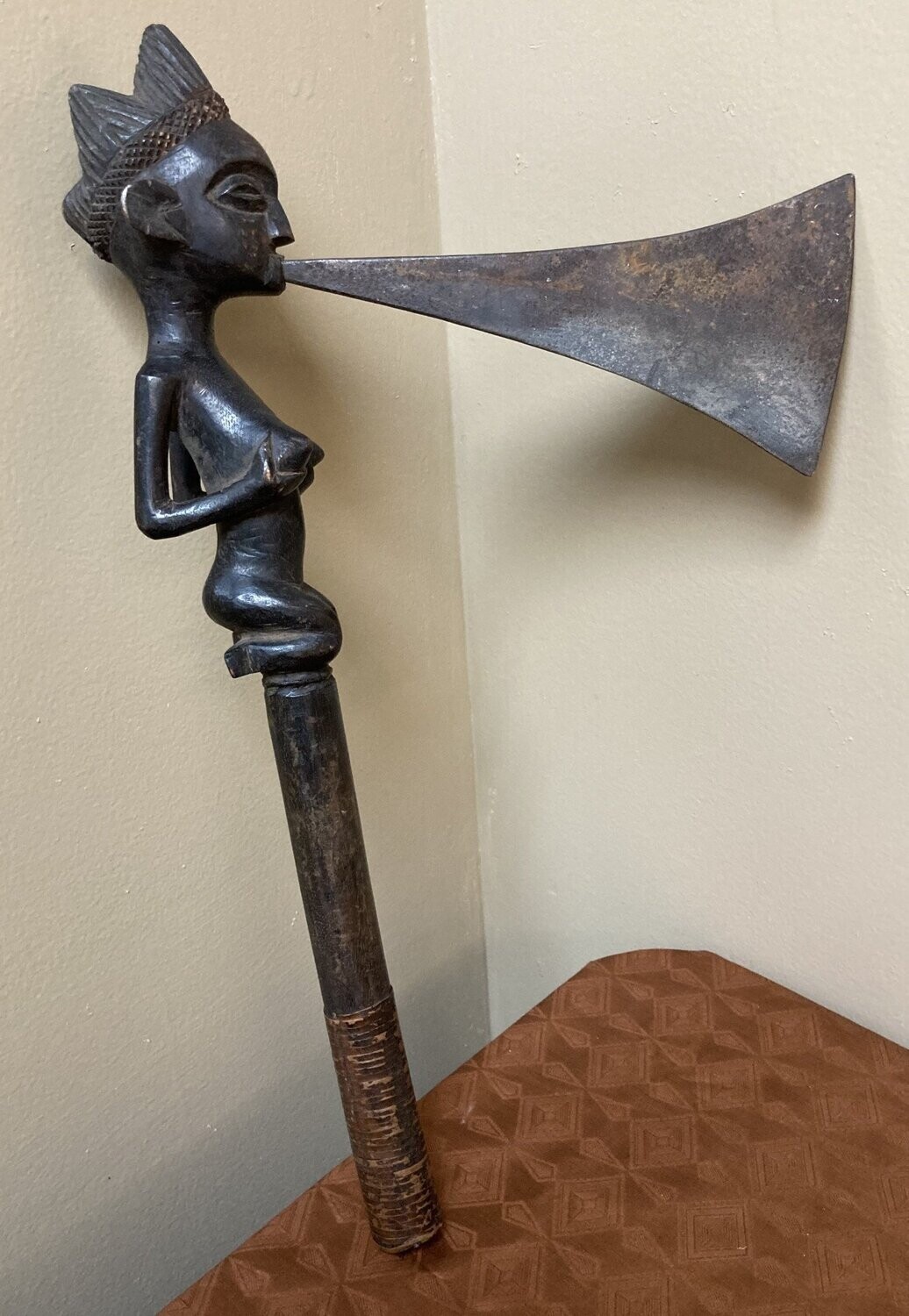 Tchokwe (Bajokwe) ceremonial axe of wood and brass. 16 1/4&quot; long x 5 1/4&quot; tall with a 7” blade