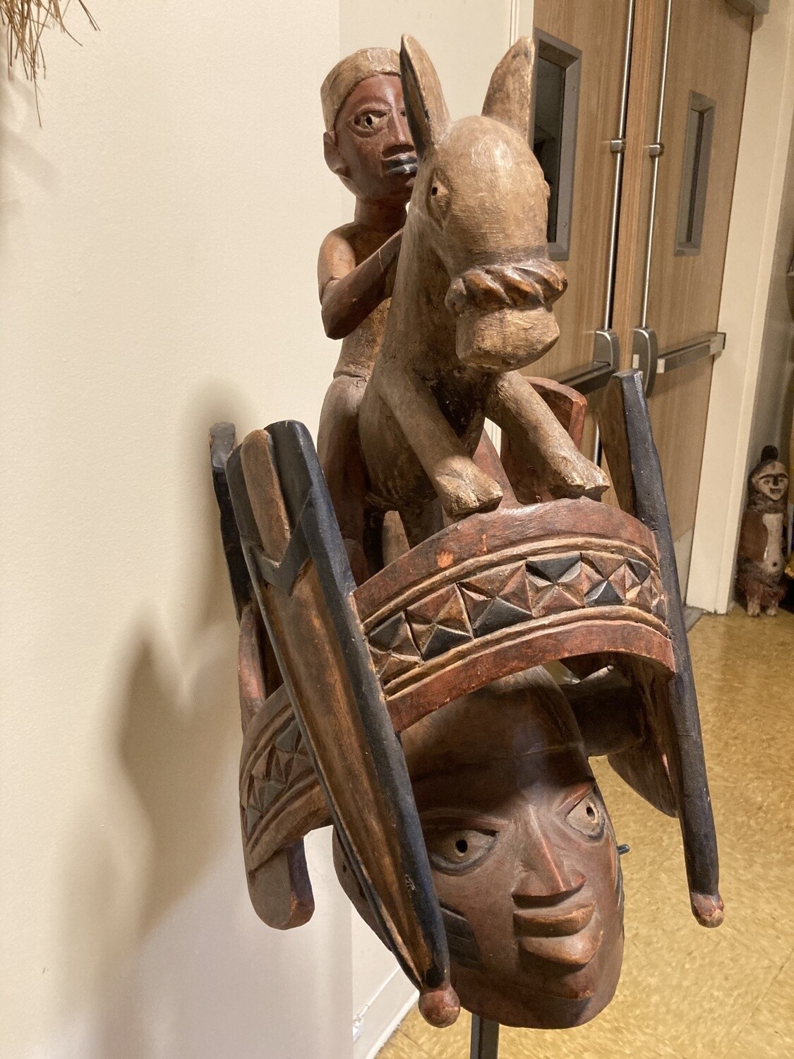 Yoruba &quot;Gelede&quot; mask. The Yoruba created this celebration in the 20th century. It celebrates older women, known to have much power, in a month-long event. Nigeria; wood 57 3/4&quot; h on stand, 17 1/4&quot; d x