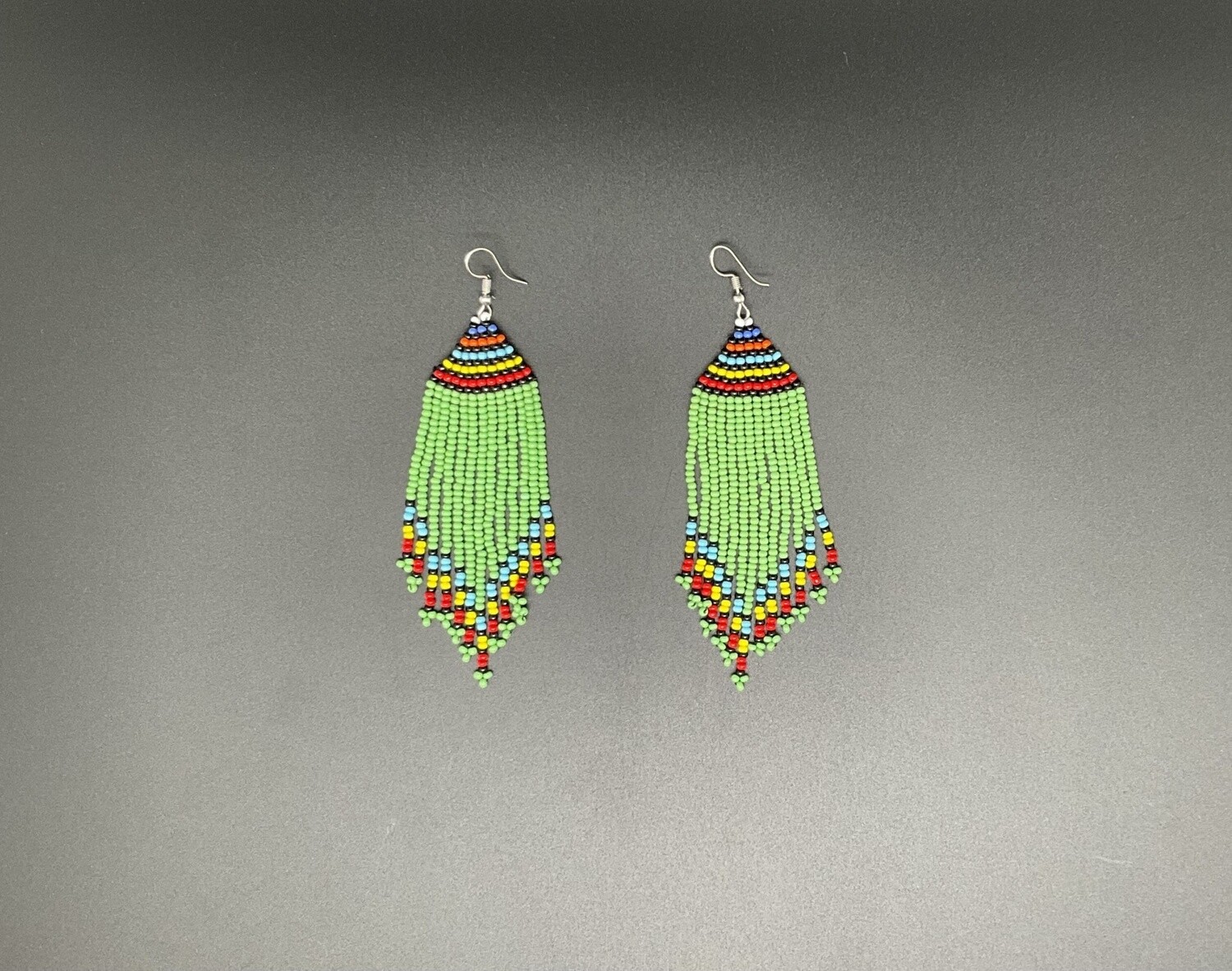 Long Colorful beaded earrings from Kenya. Green focused