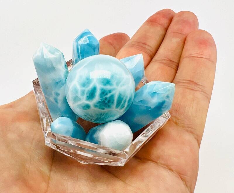 Larimar Set - 6 Towers and 1 Sphere in a bowl,AAA Larimar,Larimar ball,Natural stone,Natural larimar,High quality larimar