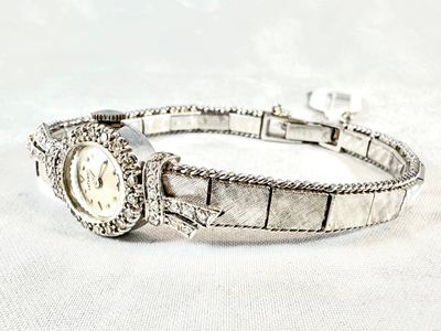 Vintage Ladies 14k White Gold Diamond Halo Watch by La Femme (Longines)