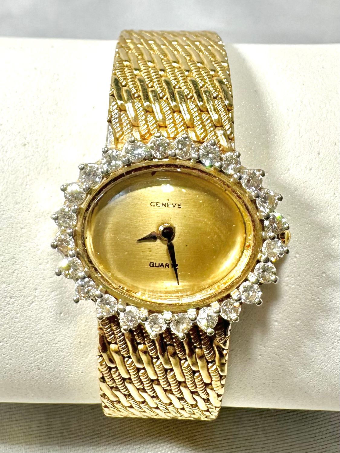 14k Gold Mesh Swiss Watch &quot;Geneve&quot; with Diamond Halo 0.75 ctw