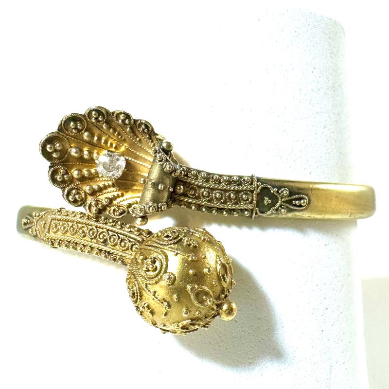 18k Gold Victorian Bracelet w/ Mine Cut Diamond Antique Etruscan Revival