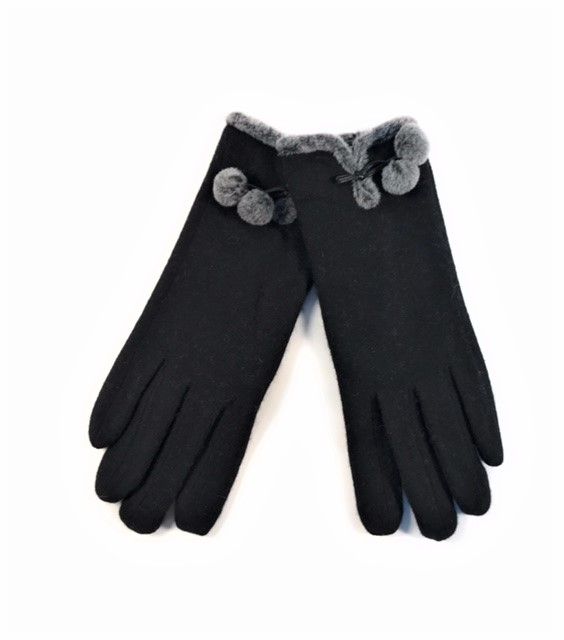 Wool Blend Pom Glove Faux Fur, Color: Black