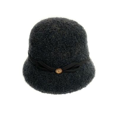 Boucle Wool Cloche Faux Leather Black