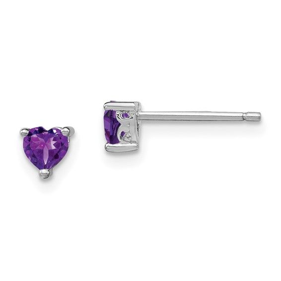 SS Rhodium Plated 4mm Heart Post Earrings, Gemstone: Amethyst