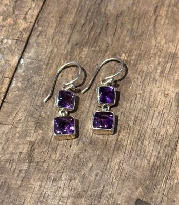 Buff Top Double Dangle Earrings, Gemstone: Amethyst