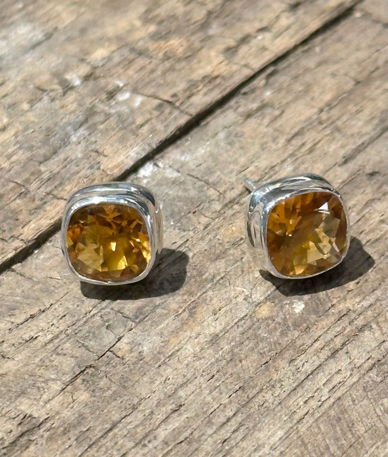 Citrine 8mm Square Checker Post Earring