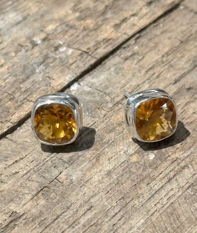 Citrine 8mm Square Checker Post Earring
