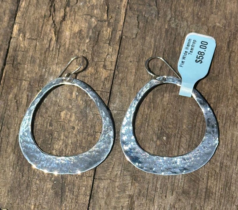 Silver Flat Wide Hammered Teardrop Earrings