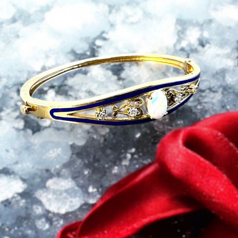 14k Gold Opal and Diamond Hinged Bracelet with Navy Blue Enamel