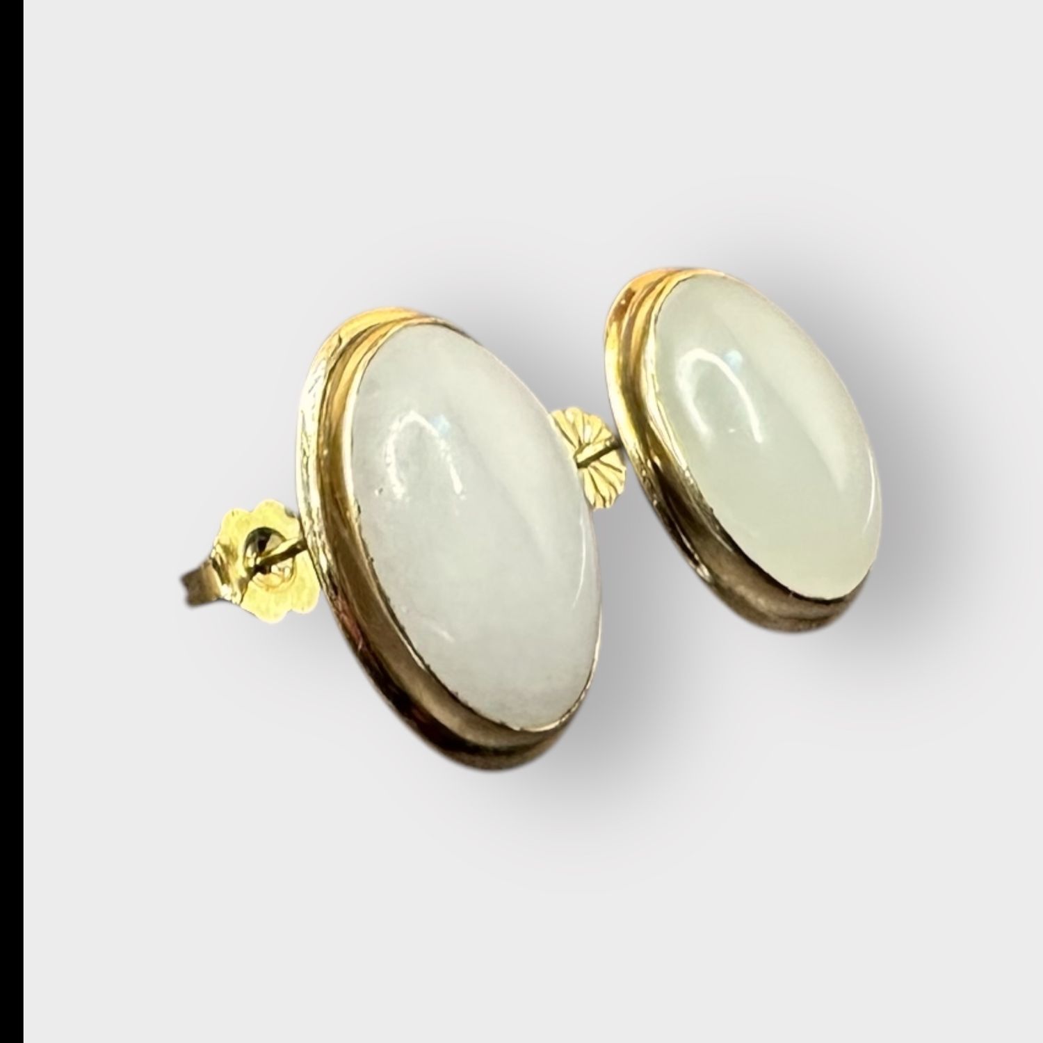 14K Gold White Jade Oval Cabochon Post Earrings Victorian