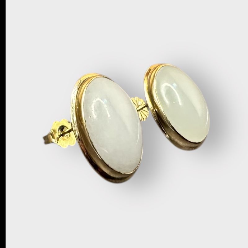 14K Gold White Jade Oval Cabochon Post Earrings Victorian