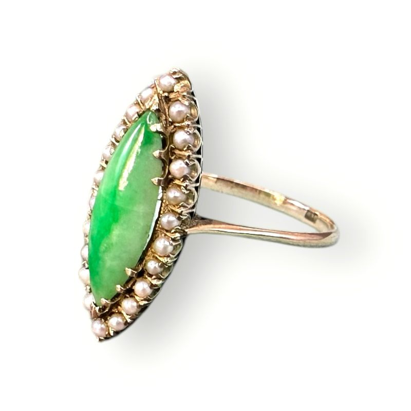 10K Yellow Gold Victorian Jade Ring with Seed Pearls Marquis Cut, Size 5