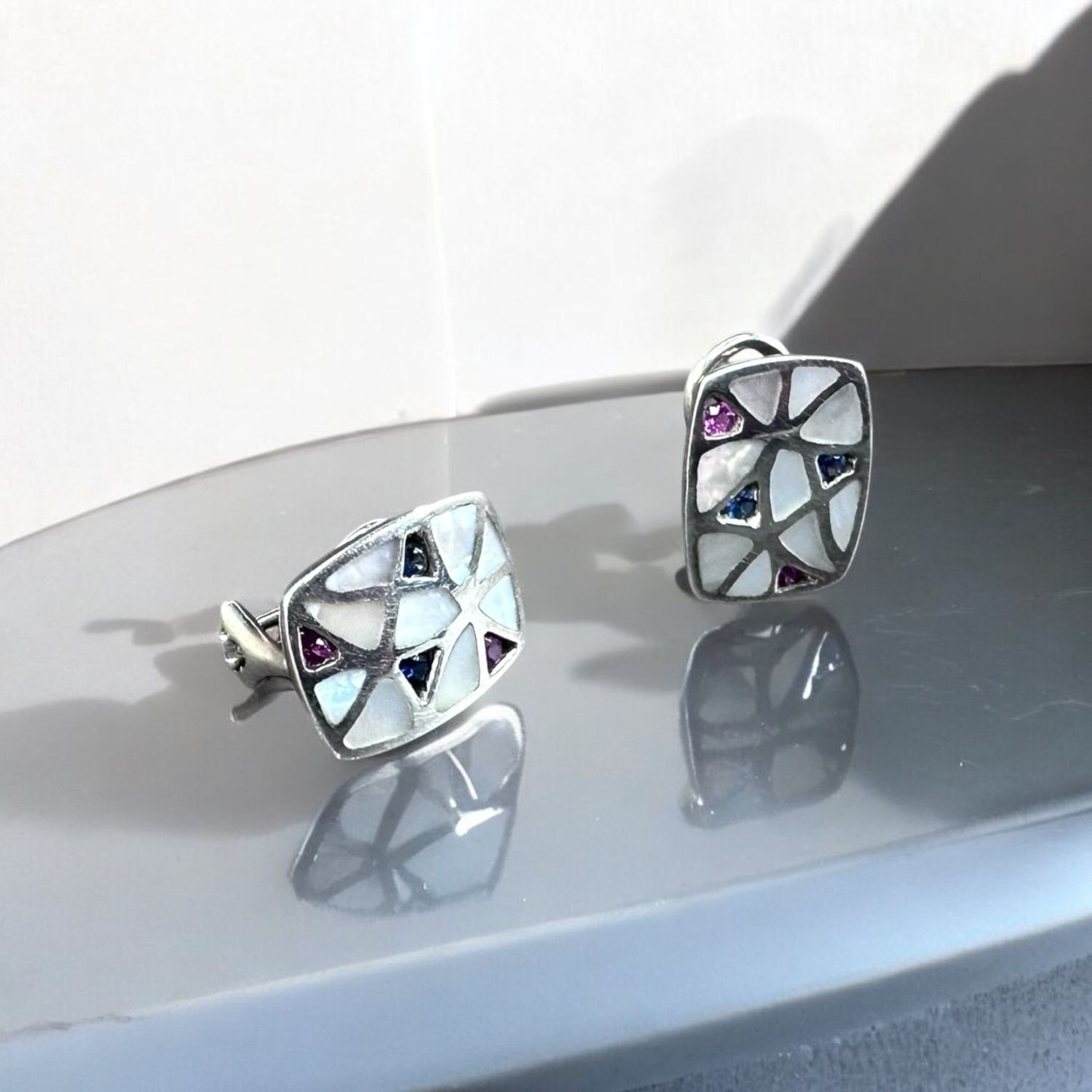 John Bagley Pink and Blue Sapphire MOP Inlay earrings