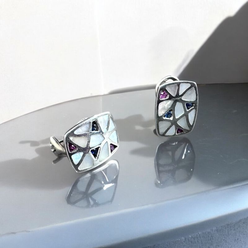 John Bagley Pink and Blue Sapphire MOP Inlay earrings
