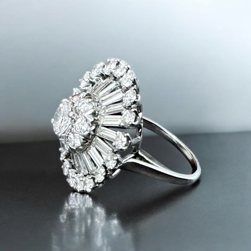 Platinum Diamond Starburst ring 3+ Carats total Mid-Century Modern