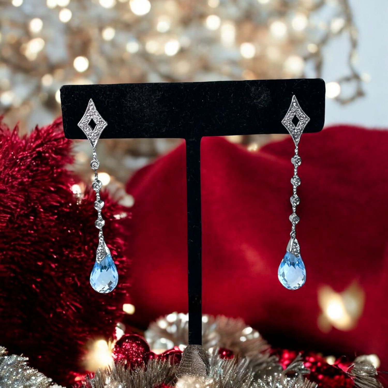 Blue Topaz Briolette 14Kt Post Dangle Earring 24x Diamonds (01.6tcw)