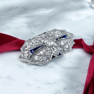 Platinum Art Deco Diamond and Sapphire Pendant Brooch