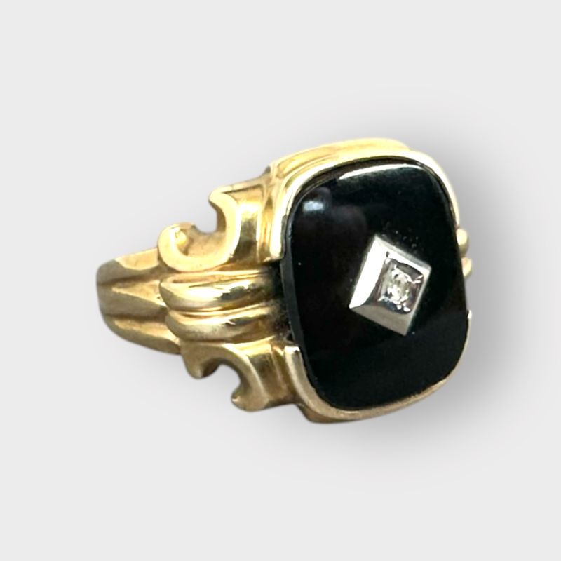 10K Gold Onyx and Diamond Ring Art Deco Size 12 3/4
