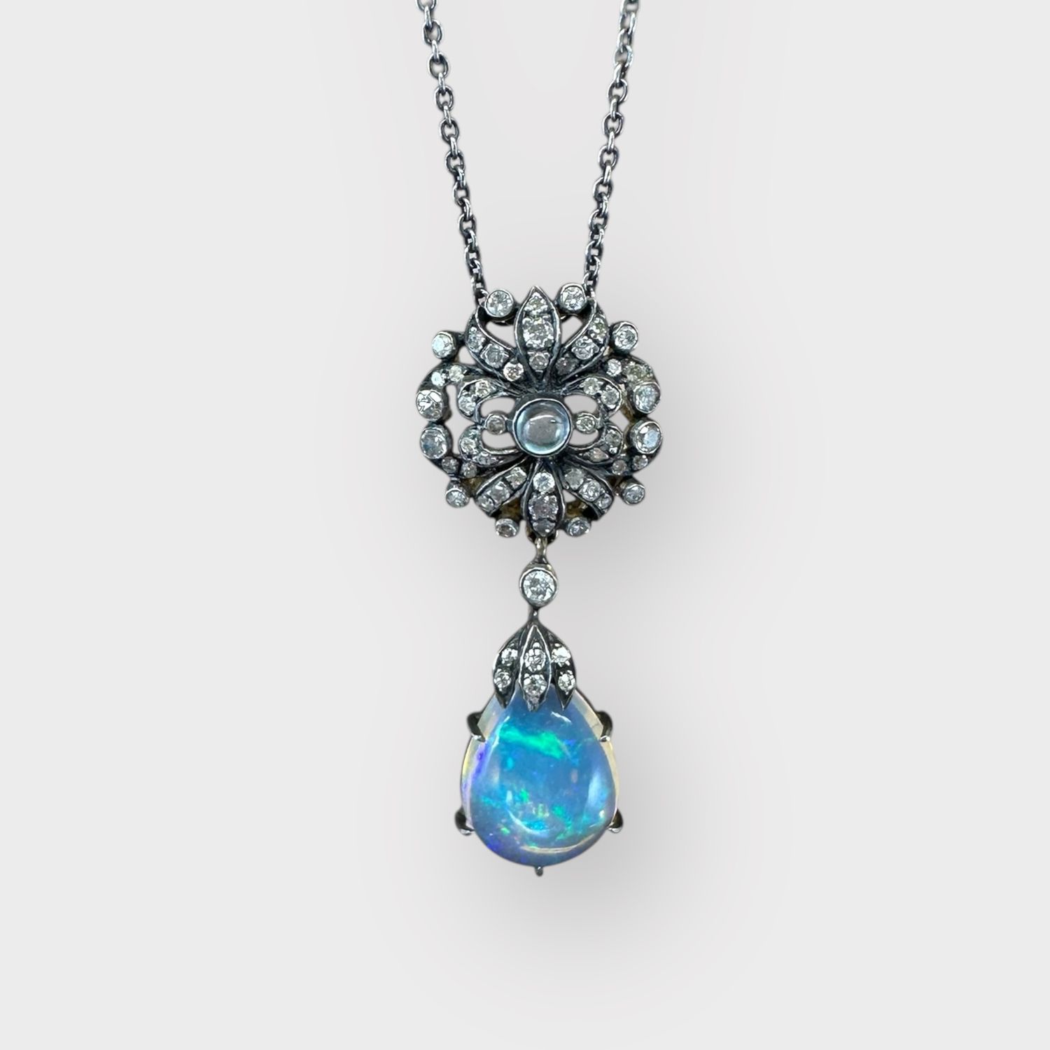 Opal and Diamond Pendant Flower necklace w/ Sapphire Sterling Gilt with gold 16 inch