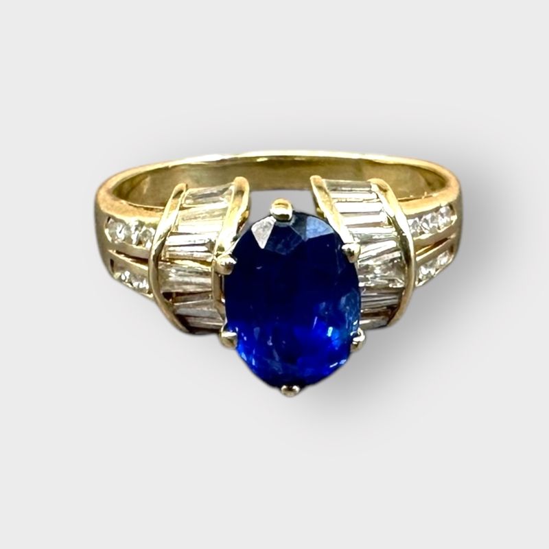 Blue Sapphire &amp; Diamond Ring – Oval Center, Baguette &amp; Round Diamonds, 14K Yellow Gold, Size 8 1/2