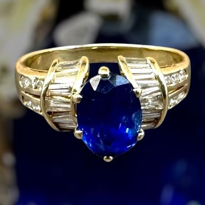 Blue Sapphire &amp; Diamond Ring – Oval Center, Baguette &amp; Round Diamonds, 14K Yellow Gold, Size 8 1/2