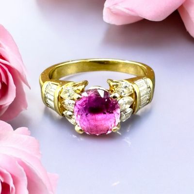 Pink Sapphire Ring with Marquis and Baguette Diamond Accents – 14K Yellow Gold, Size 8 1/4