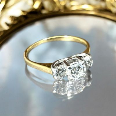 14k Yellow Gold Band, Platinum set Tri-Diamond Ring 1ct total