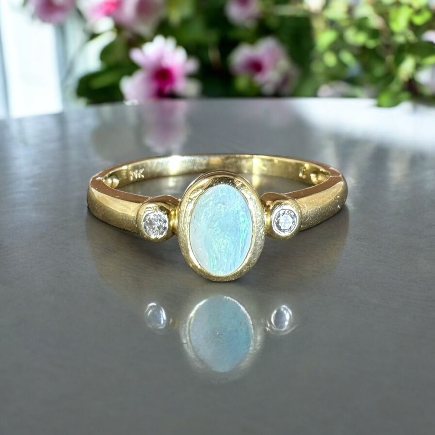 14K Yellow Gold Ring  (Size 7) White Opal accented with 2 Diamonds
