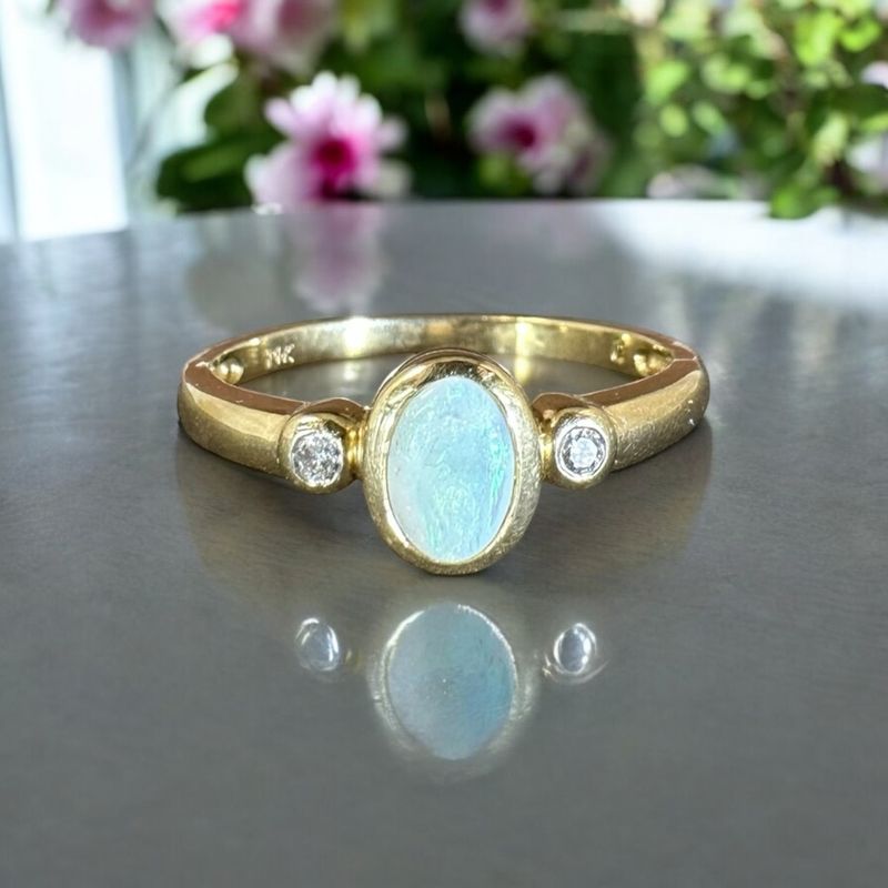 14K Yellow Gold Ring  (Size 7) White Opal accented with 2 Diamonds