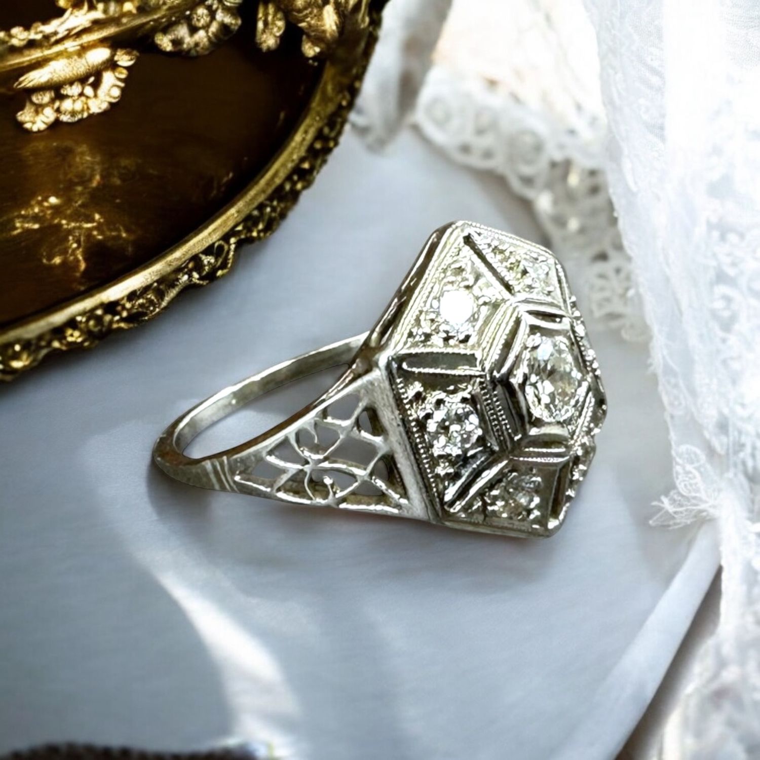 Platinum Art Deco Hexagonal Ring with 7 Diamonds