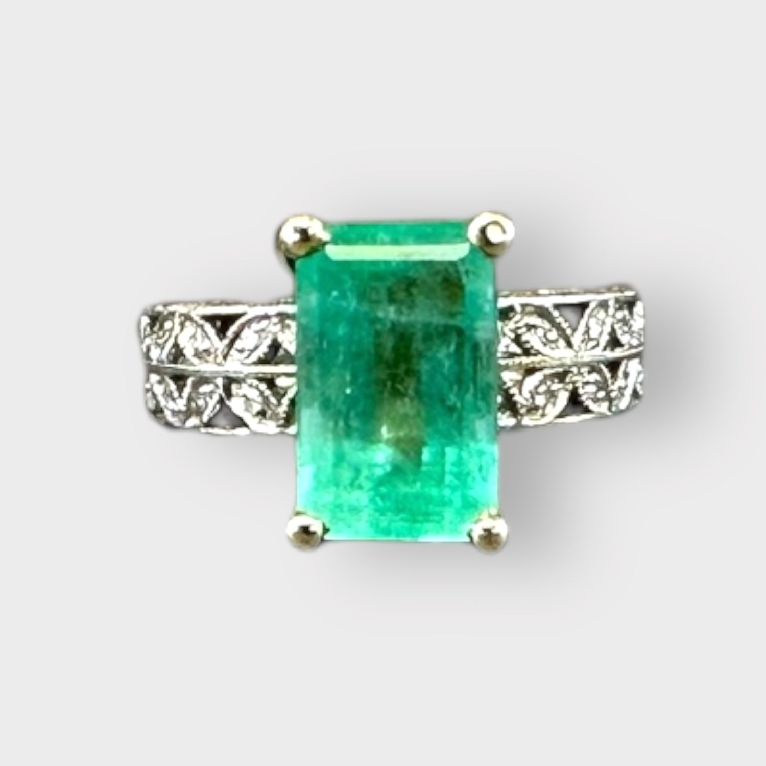 Large Emerald Ring in 14K Yellow Gold with Intricate 14K White Gold Band &amp; Diamond Millgrain Accents