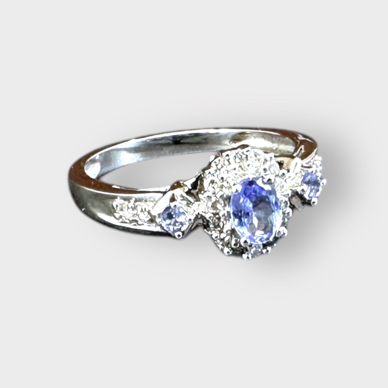 14K White Gold Tanzanite Ring with Diamond Halo &amp; Accents, Size 6.5