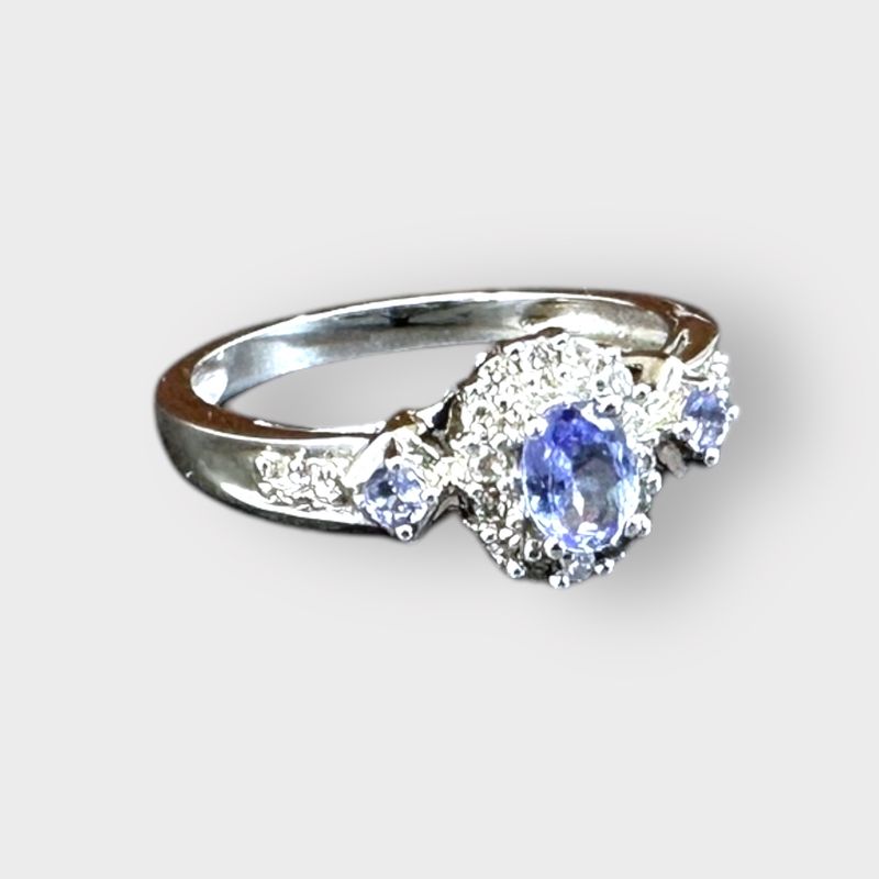 14K White Gold Tanzanite Ring with Diamond Halo &amp; Accents, Size 6.5