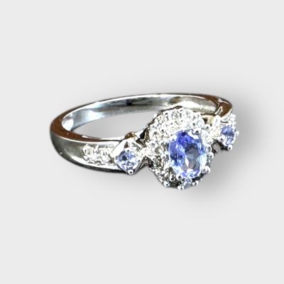 14K White Gold Tanzanite Ring with Diamond Halo &amp; Accents, Size 6.5