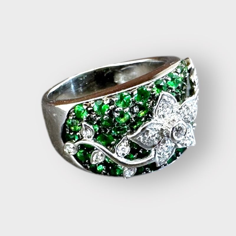 Sonia Bitton Tsavorite Garnet Ring with Diamond Flower &amp; Leaf Detail in 14K White Gold, Size 7